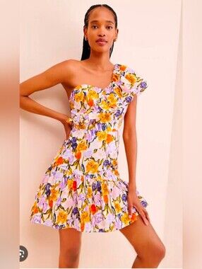 Adelyn Rae One-Shoulder Floral Dress in Orange, Purple & White